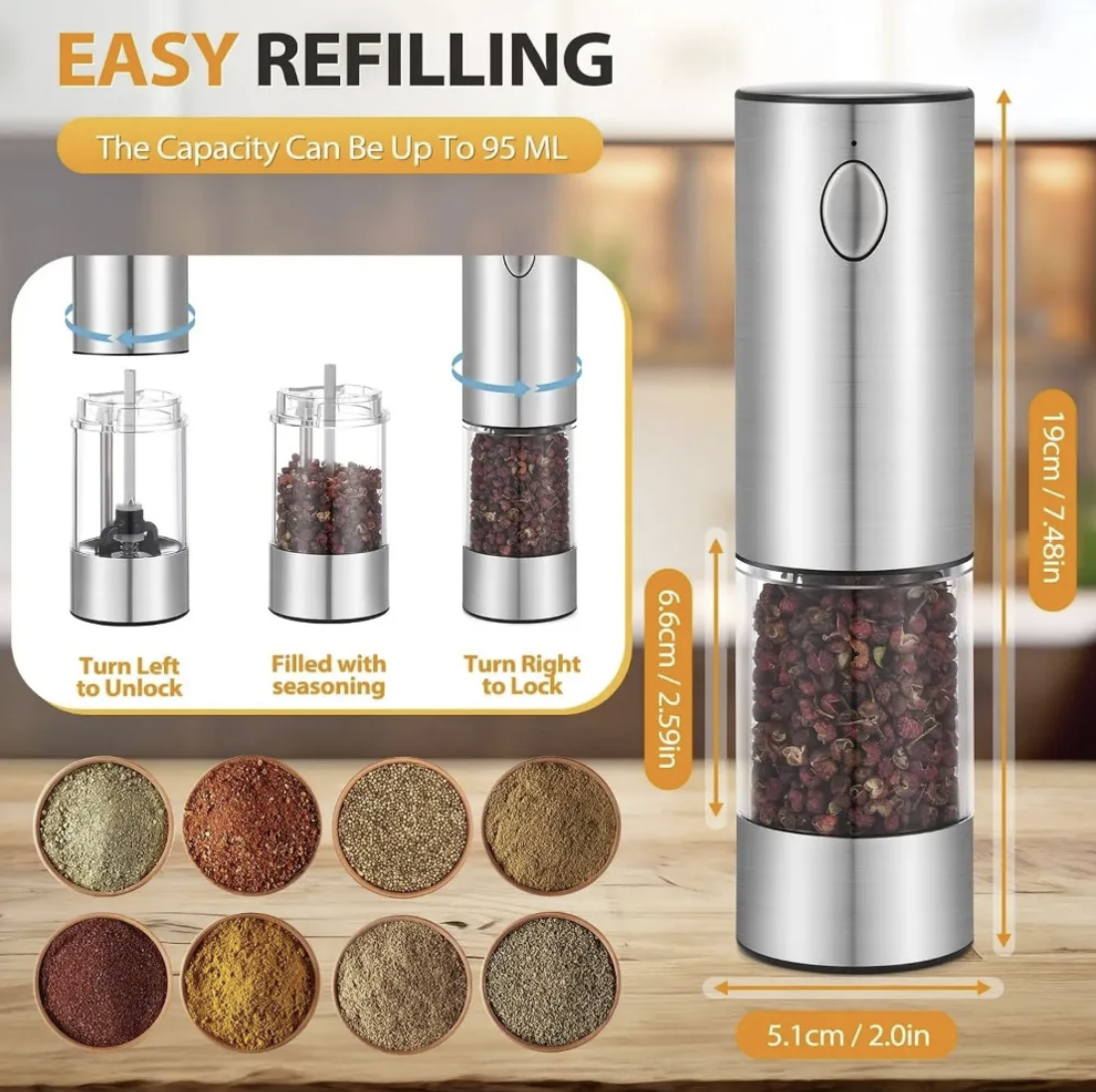 USB Rechargeable Electric Salt and Pepper Grinder Single & Set