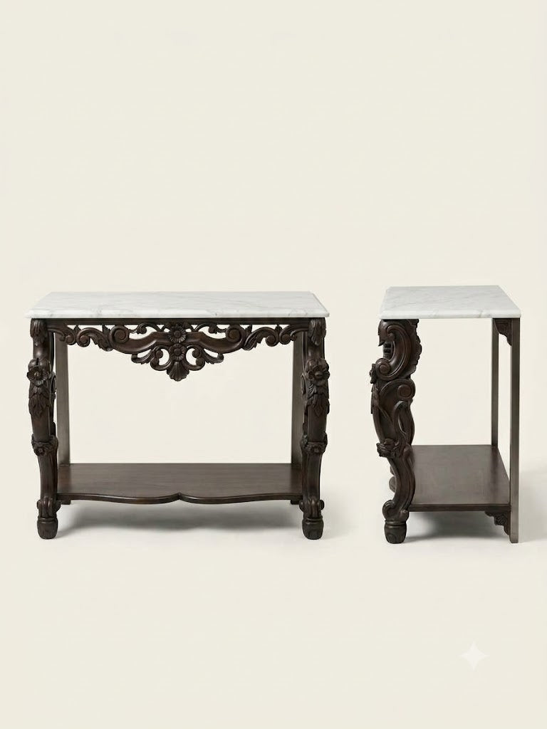 Marble-Top Carved Teak Table