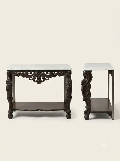 Marble-Top Carved Teak Table