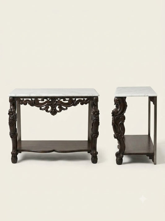 Marble-Top Carved Teak Table