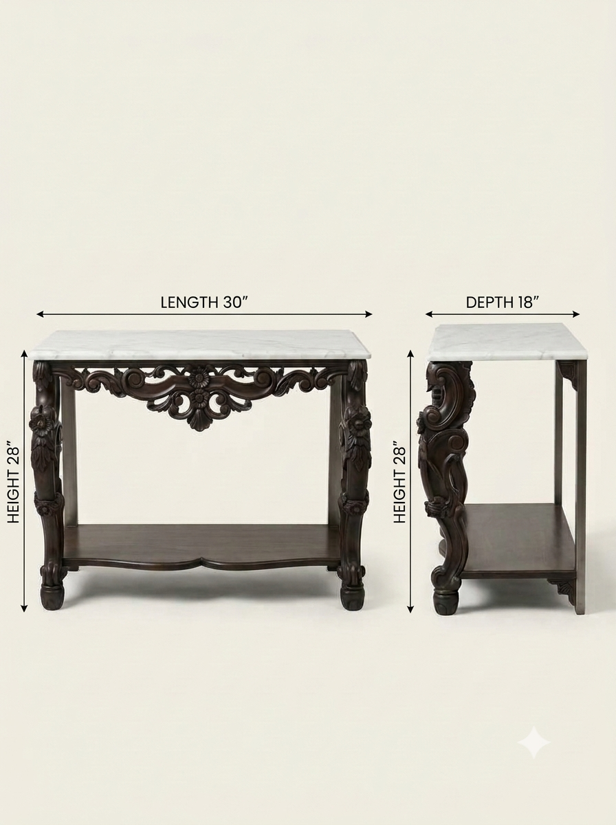 Marble-Top Carved Teak Table