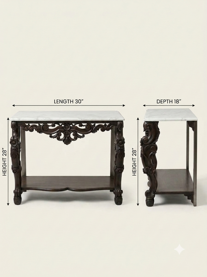 Marble-Top Carved Teak Table