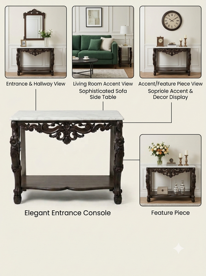 Marble-Top Carved Teak Table