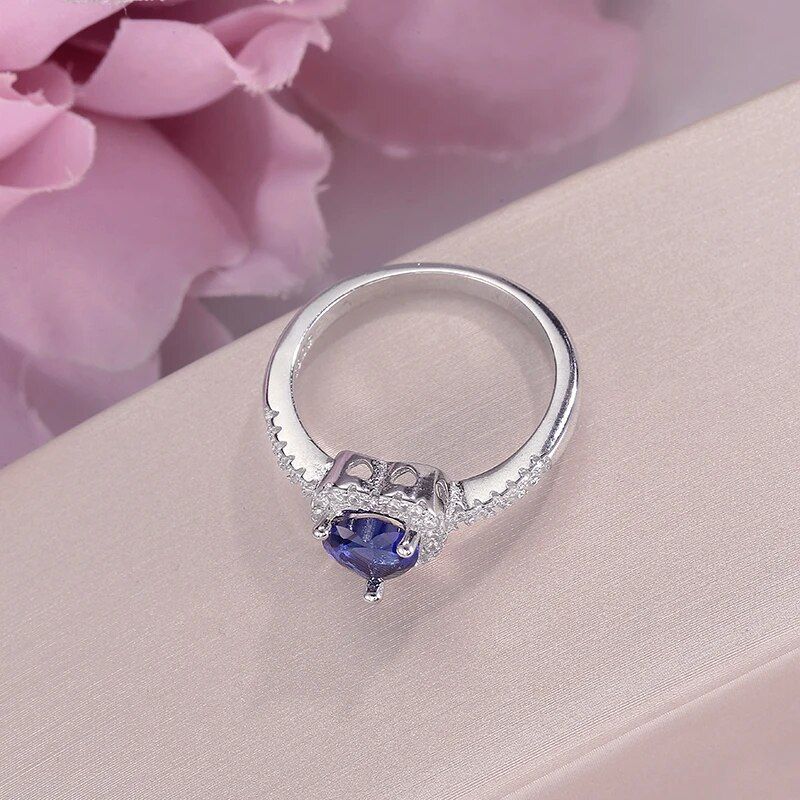 Luxury S925 Sterling Silver Blue Heart Cubic Zirconia Bridal Ring