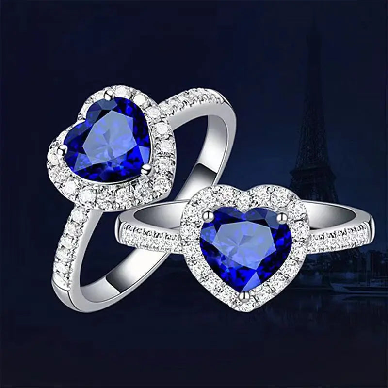 Luxury S925 Sterling Silver Blue Heart Cubic Zirconia Bridal Ring