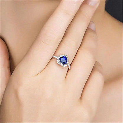 Luxury S925 Sterling Silver Blue Heart Cubic Zirconia Bridal Ring