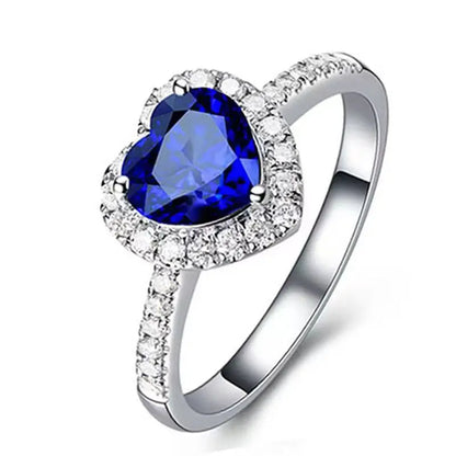 Luxury S925 Sterling Silver Blue Heart Cubic Zirconia Bridal Ring